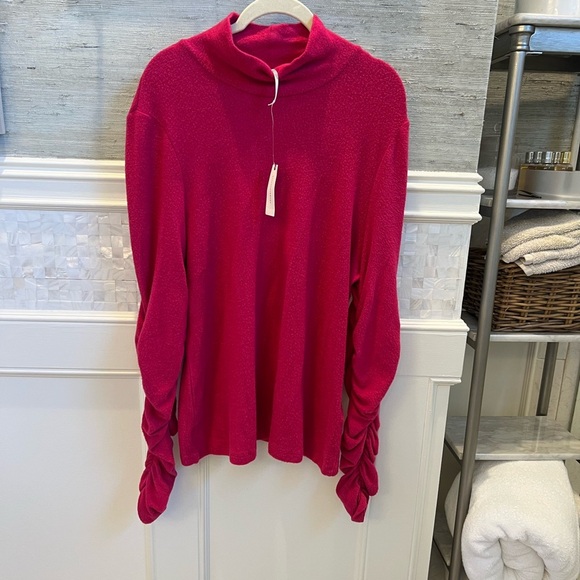 NWT new XL Anthropologie ruched sleeve turtleneck top raspberry pink stretchy - Picture 11 of 17